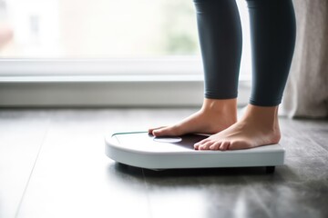 Closeup of woman standing on bathroom scale, monitoring her weight and progress towards fitness goals, generative ai - Powered by Adobe