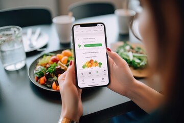 Person using smartphone app to track calories and macronutrients, managing diet and maintaining healthy lifestyle, generative ai - obrazy, fototapety, plakaty