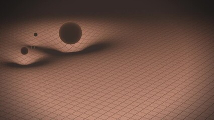Realistic gravitational force example for study explanation with spheres.Perception of gravity. General relativity theory by Albert Einstein.3D rendered video animation.