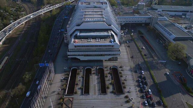Beautiful aerial top view flight 
Berlin City Radio Tower Exhibition Grounds. wide orbit overview drone
4k uhd cinematic footage.