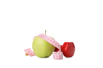 Concept of weight loss with apple and measuring tape, isolated on white background