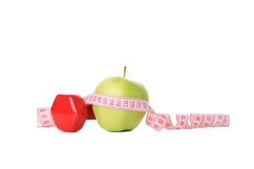 Concept of weight loss with apple and measuring tape, isolated on white background