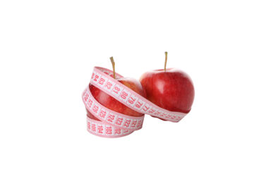 Concept of weight loss with apple and measuring tape, isolated on white background