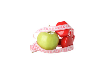 Concept of weight loss with apple and measuring tape, isolated on white background