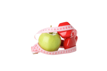 Concept of weight loss with apple and measuring tape, isolated on white background