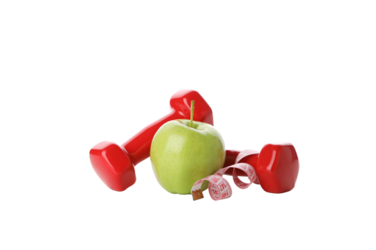 Concept of weight loss with apple and measuring tape, isolated on white background