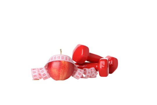 Concept of weight loss with apple and measuring tape, isolated on white background