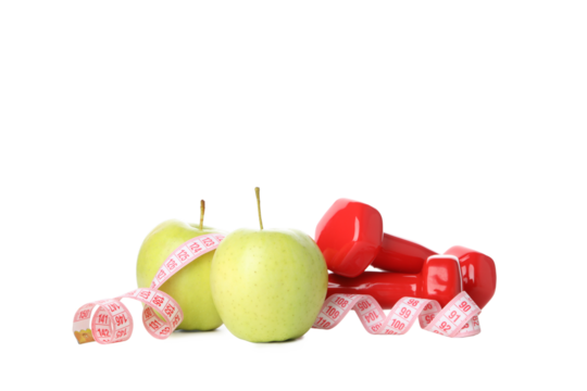 Concept of weight loss with apple and measuring tape, isolated on white background