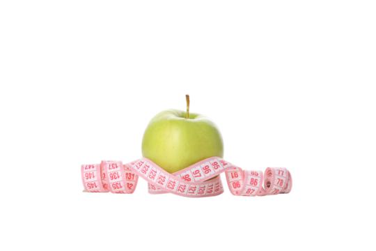Concept of weight loss with apple and measuring tape, isolated on white background