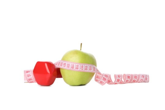 Concept of weight loss with apple and measuring tape, isolated on white background
