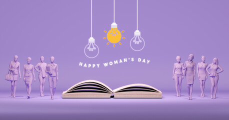 Happy Mother Day, women day decoration background with light and book , copy space text, 3D rendering illustration. Business women. Idea creative
