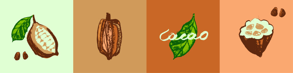 Vector Cocoa bean icon set. Hand drawn sketch Cacao beans. Leaves of Cocoa bean isolated. Sign of Bean to bar cacao. Organic product doodle for cafe, shop. Plant part for label, logo, sign, symbol.