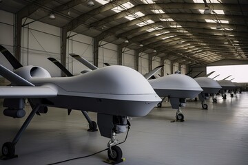 Predator type concept drone in hangar, Military UAV drone, Ukraine Russia war, Generative AI
