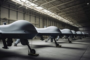 Predator type concept drone in hangar, Military UAV drone, Ukraine Russia war, Generative AI