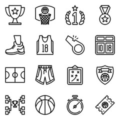 basketball line icons set. score, tournament, ticket, stadium, champion, court, net, shield, championship, player, uniform, college, shirt, team, trophy