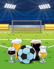 cartoon soccer ball with glasses of beer on the background of the stadium
