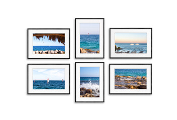 Photo frames collage, isolated on white. Sea view motif, 3D illustration, interior decor set mock up