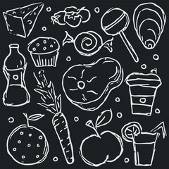 Doodle food icons. Background with drawing food