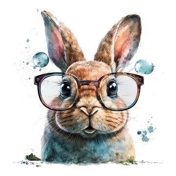 Cute Watercolor transparent background Bunnies in Glasses Clip Art, Cute Bunny Design, Rabbit Illustrations. Transparent background, PNG, Abstract Image. Generative AI