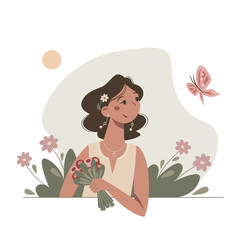 Cute cartoon girl with a bouquet of flowers. Nice young woman enjoy summer. Vector flat illustration.