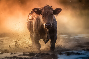 Fototapeta na wymiar Portrait of a bull outside in the morning, generativ AI