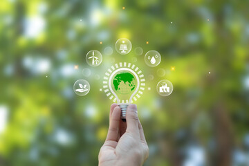 Renewable Energy. Hand holding light bulb with icons energy sources for renewable, sustainable...