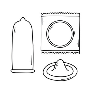 Set of condoms in doodle style. Vector illustration. Collection of different types of condoms. Linear style. Type of contraception.