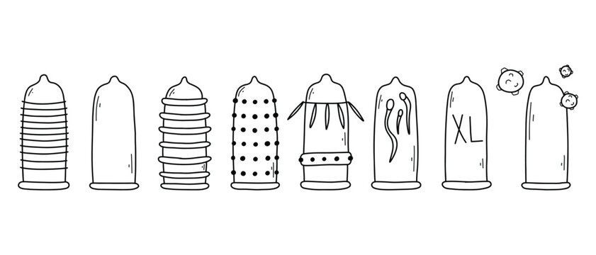 Set of condoms in doodle style. Vector illustration. Collection of different types of condoms. Linear style. Type of contraception.