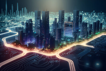 Fototapeta na wymiar Smart city on circuit board background. Futuristic cyberspace concept. Generative AI