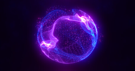Abstract purple energy sphere of particles and waves of magical glowing on a dark background © Bolbik