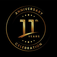11th Anniversary. Anniversary logo design with gold color ring and text for anniversary celebration events. Logo Vector Template