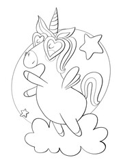 contour line illustration cartoon childish style cute animal fairy tale unicorn in clouds printable coloring book design element