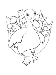 contour line illustration cartoon childish style cute bird duck fabulous in dandelion flowers summer printable coloring book design element