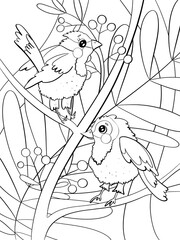 contour line illustration cartoon childish style cute birds tropical plants summer printable design element coloring antistress book