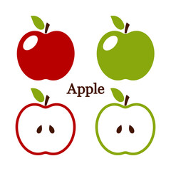 Red and green apples icons set, whole and halves of fresh, juicy, ripe fruits.