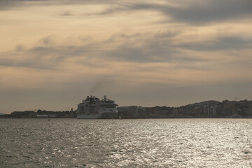 Huge modern luxury cruiseship cruise ship liner Bellissima in port of Palma de Mallorca, Spain during Mediterranean cruising