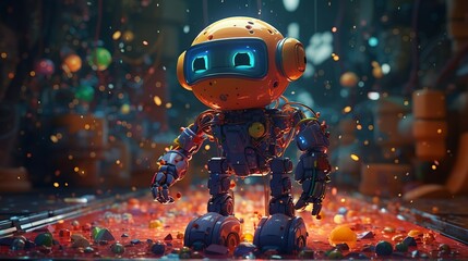 Animated cute robot, great design for any purposes. Cartoon realistic bot. Animal character design. Internet communication. Comic drawing. Cute character design. Comic background.