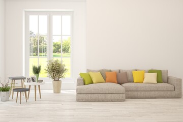 Bright interior design with modern furniture and summer landscape in window. 3D illustration