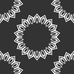 Fototapeta premium Abstract seamless vector pattern with round geometric shapes, symbols. Floral border,frame. Decorative ornament. Geometric shapes pattern. White shapes, isolated on black background.