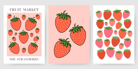 Set of vertical flyer, posters templates with Strawberry. One Continuous Line Art Design with Summer red berry. Hand Draw different collection. Simple outline style. Colorful vector illustration. 