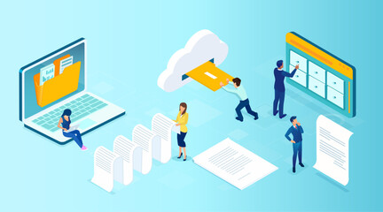 Fototapeta premium Vector of people managing data files using cloud services