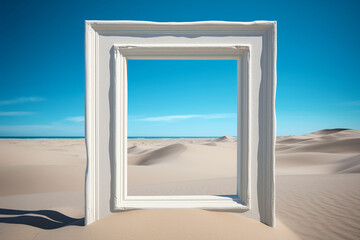 White picture frame in the sand dunes of the desert. 3d rendering. Mockup.    Generative AI