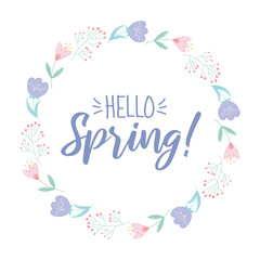 Spring flower wreath. Hello Spring postcard. Cute spring flat style vector illustration.