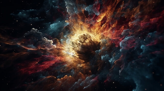 Colorful illustration outer space moments after the Big Bang. Concept image of a bright explosion in outer space