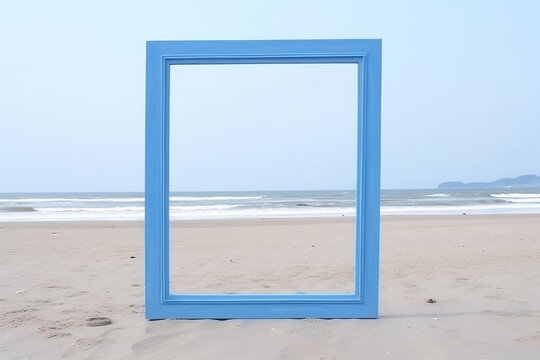 3d. Blue picture frame on the beach with ocean and blue sky background.    Generative AI