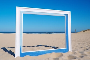 Photo frame on the sand dunes with blue sky in the background.   Generative AI