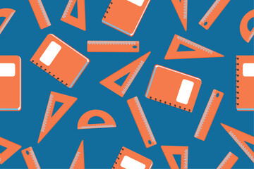 Seamless pattern of school rulers and notepad. School education, the concept of education, study, mathematics and geometry, drawing tools. Vector illustration.
