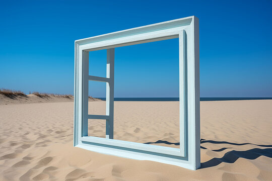 mockup. Frame on the sand against the background of the blue sky and the ocean. Generative AI