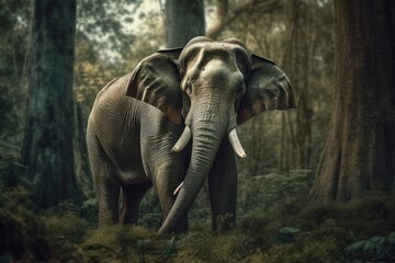 Fototapeta premium Vibrant portrait of a beautiful elephant surrounded by colorful florals in nature, Generative AI