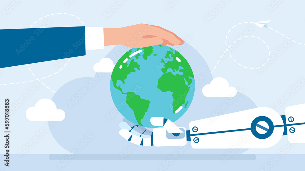 Poster artificial intelligence takes control of the infrastructure of the planet. hand of robots and humans